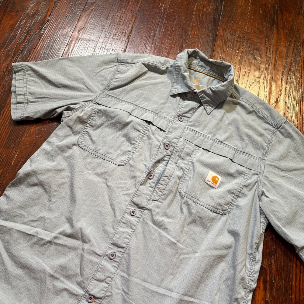 Carhartt Force Work Shirt Mens Large Blue Grey Ripstop Short Sleeve Workwear